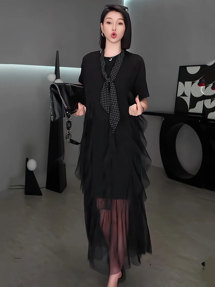 XITAO Mesh Patchwork Short Sleeve Dress A-line Solid Color Personality Pullover Edible Tree Fungus Summer Female Dress ZMY1372