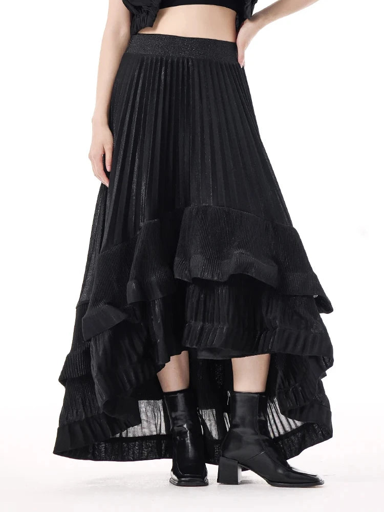XITAO Asymmetrical Fold Patchwork Skirts Elastic Waist Solid Color A-line Loose Vintage Slimming Temperament Skirt GYX1517