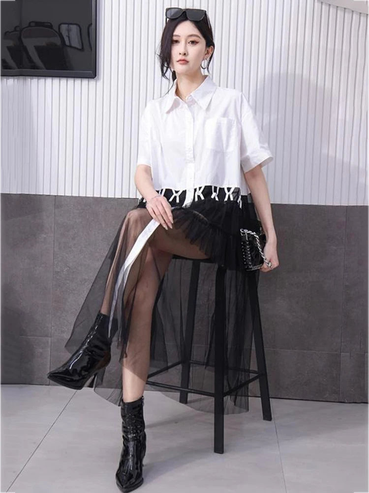 XITAO Patchwork Mesh Contrast Color Dress Casual Loose Fitting Short Sleeve New Single Breasted Summer Women Dress ZMY1072