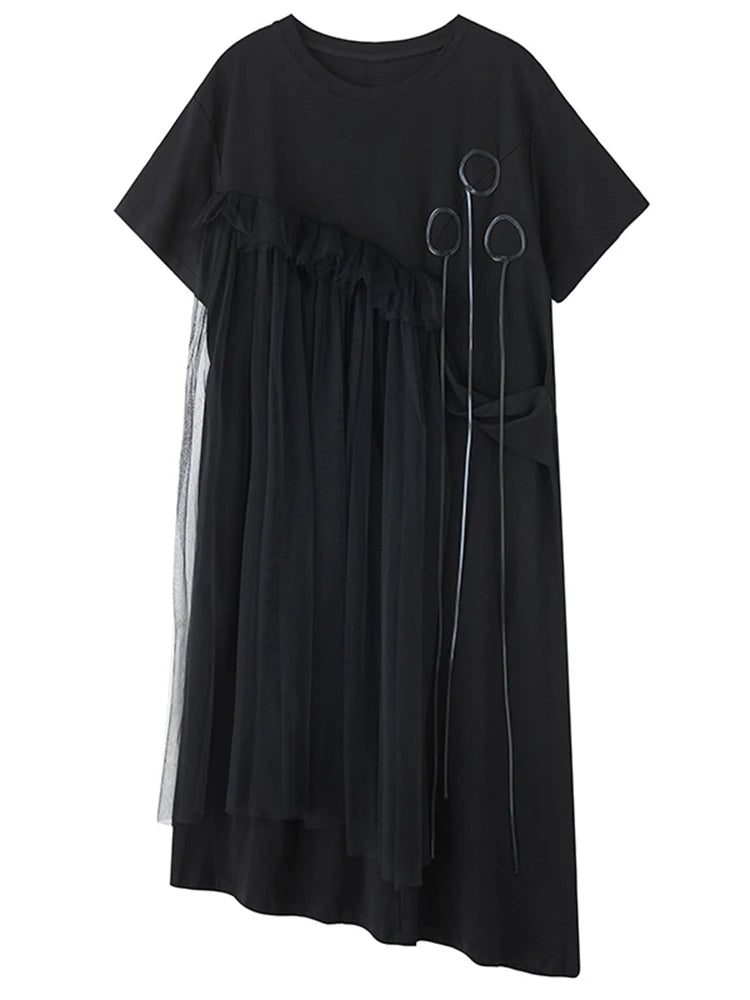 XITAO Gauze Patchwork Loose Female Dress Short Sleeve Pullover Irregular Casual Temperament Slimming Summer Woman Dress ZMY1359