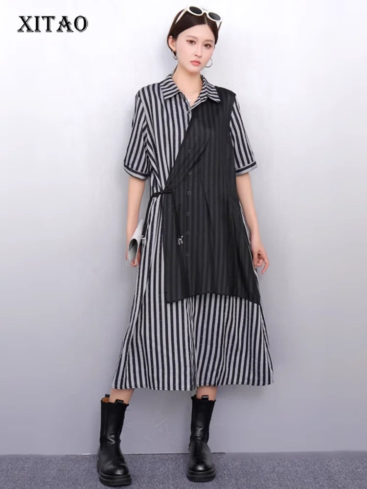 XITAO Irregular Contrast Color Dress Patchwork Striped Short Sleeve Turn-down Collar Temperament Summer Woman Dress ZMY1277
