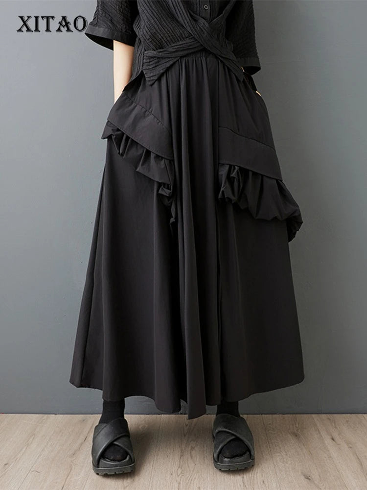 XITAO Patchwork Edible Tree Fungus Skirts Pocket Solid Color Elastic Waist A-line Loose Temperament Woman Skirts ZMY1252