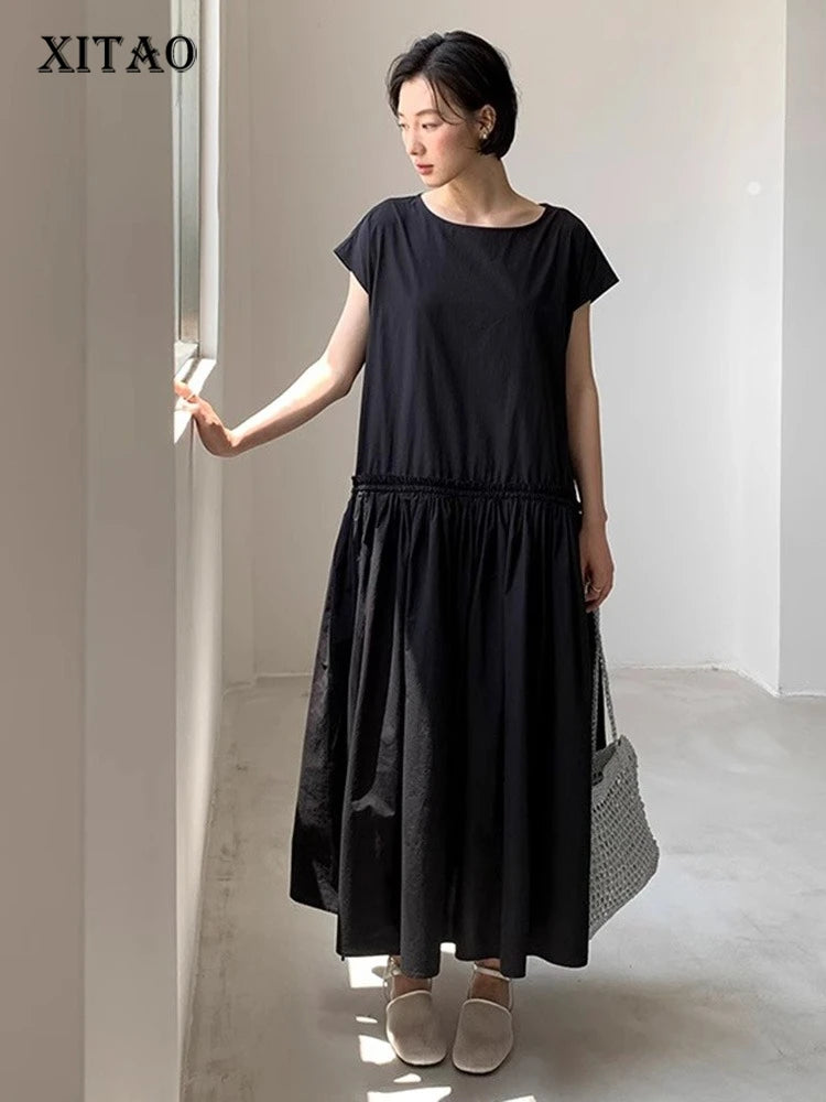 XITAO Solid Color Drawstring Dress O-neck Simple Temperament Pullover Slimming Loose Summer Woman A-line Casual Dress ZMY1331