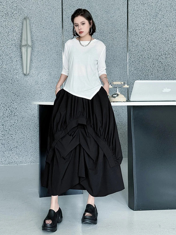 XITAO Fold Solid Color Elastic Waist Skirt Pocket Patchwork A-line Mid-calf Loose All Match Slimming Temperament Skirt ZMY1187