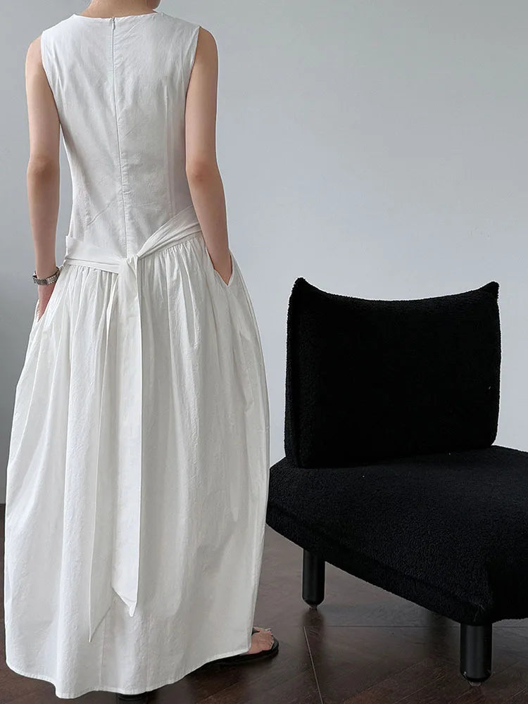 XITAO Drawstring Pleated Loose Dress O-neck Temperament Sleeveless Solid Color Simple Slim All-match Summer Woman Dress ZMY1289