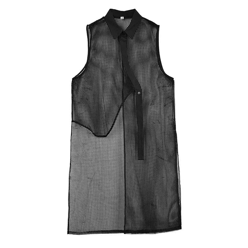 XITAO Asymmetrical Mesh Sleeveless Loose Dress Hollow Out Temperament Solid Color Elegant Casual Summer Woman Dress ZMY1276
