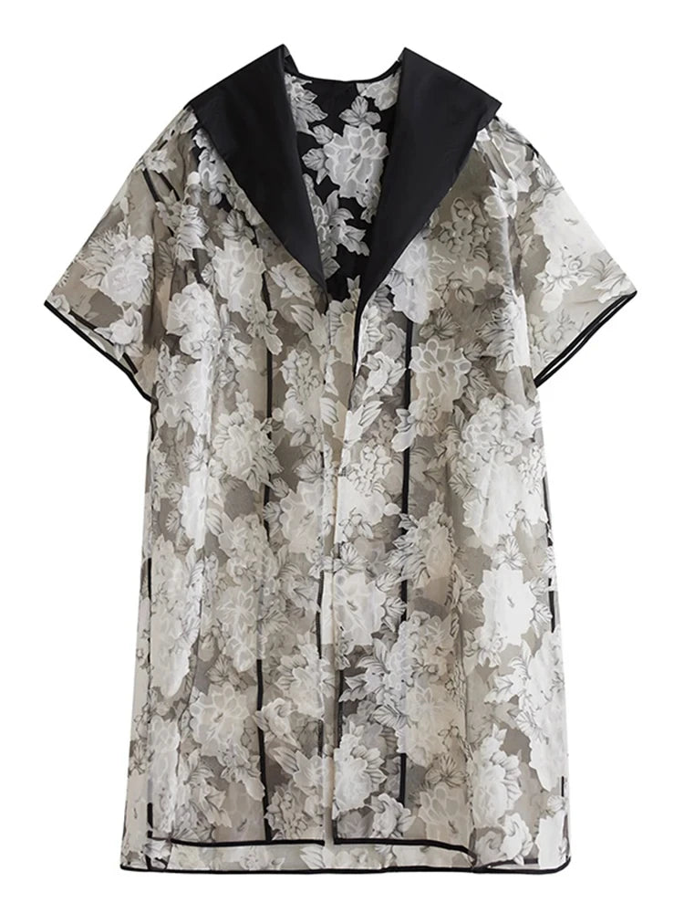 XITAO Hooded Gauze Patchwork Trench Print Half Sleeve New Temperament Casual Loose All-match Summer Cardigans Trench ZMY1279