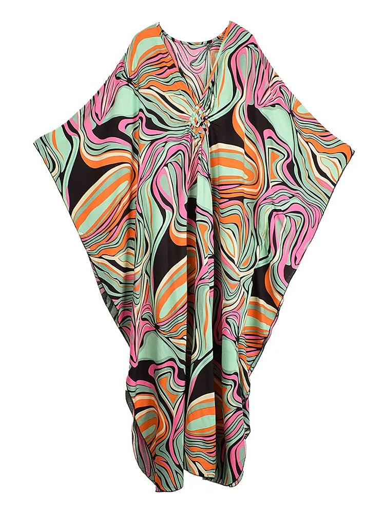 XITAO Vintage Print Contrast Color Dress V-neck Bat Wing Sleeve Loose Slimming Temperament Fashion Summer Woman Dress GJ1196