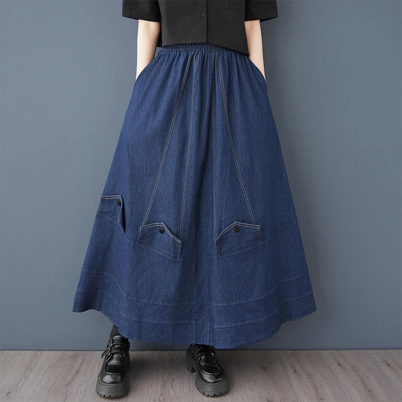 XITAO Pocket Elastic Waist Casual Skirt Loose Fitting Vintage Fashion A-line High Waist New Simple Spring Women Skirt GYX1512