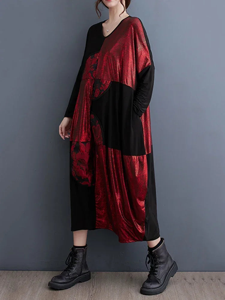 XITAO Casual Vintage Dress Fashion Asymmetrical Contrast Color Print Women Long Sleeve T-shirt Dress Spring New DMJ3102