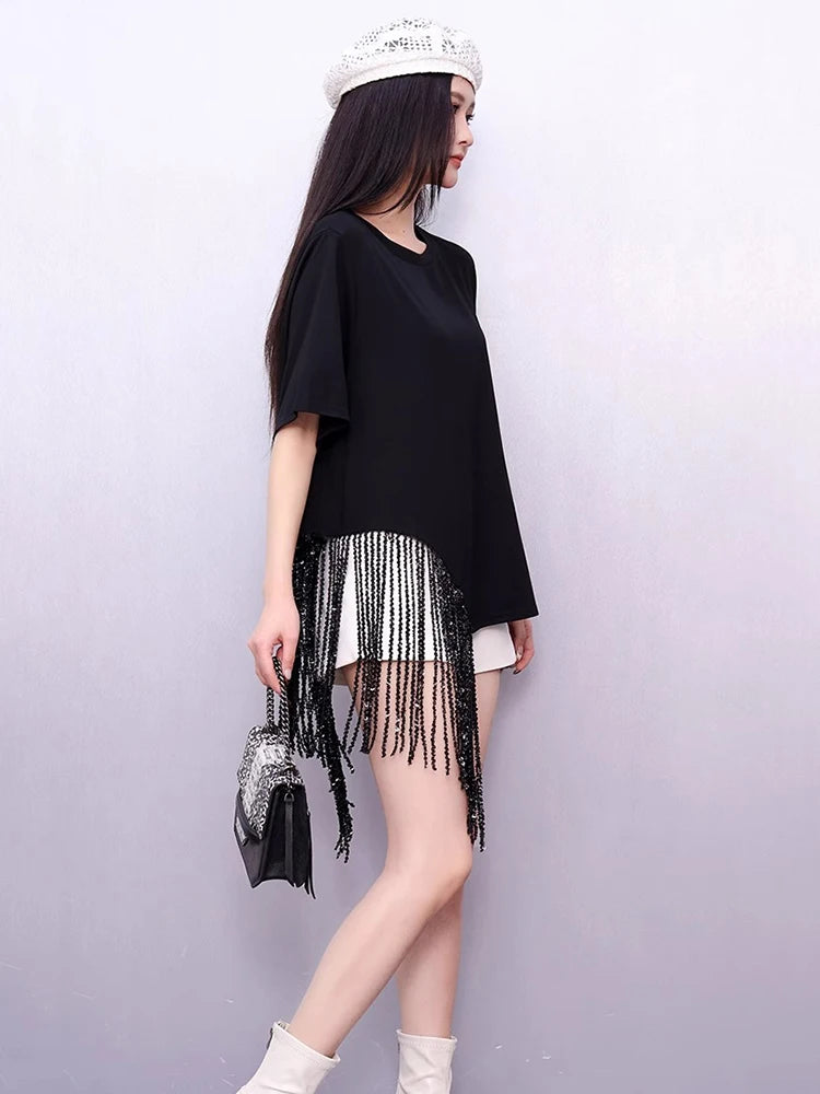 XITAO Tassels Asymmetrical Solid Color T-Shirts O-neck Loose Short Sleeve Pullovers Simple Summer Woman T-Shirts ZMY1262