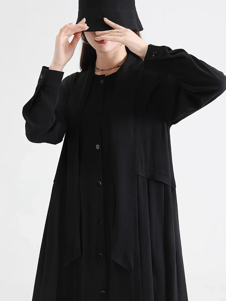 XITAO Bandage Patchwork Solid Color Folds Dress Long Sleeve Single Breasted Loose Slimming Temperament A-line Dress HQQ2502