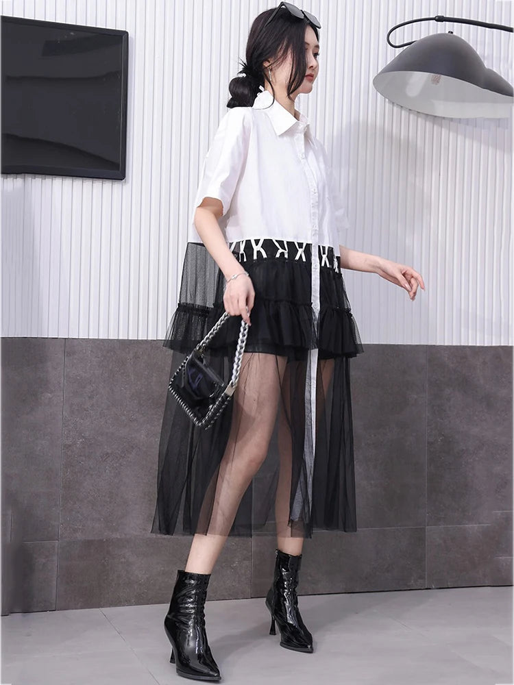 XITAO Patchwork Mesh Contrast Color Dress Casual Loose Fitting Short Sleeve New Single Breasted Summer Women Dress ZMY1072