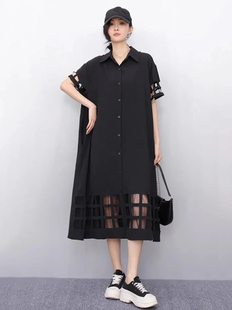 XITAO Hollow Out Patchwork Gauze Short Sleeve Dress Solid Color Turn-down Collar Loose Casual Mid-calf Slimming Dress GYX1621