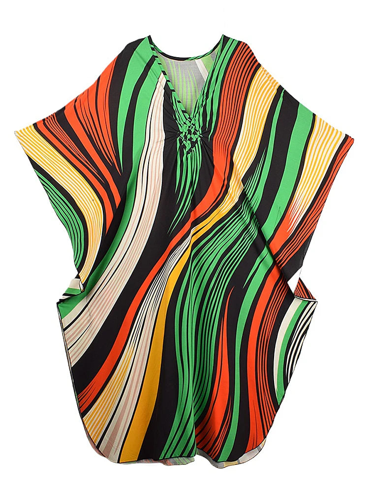 XITAO Contrast Color Striped Loose Dress V-neck Pullover Print Side Slit Casual Slimming Summer Simple Summer Woman Dress GJ1184