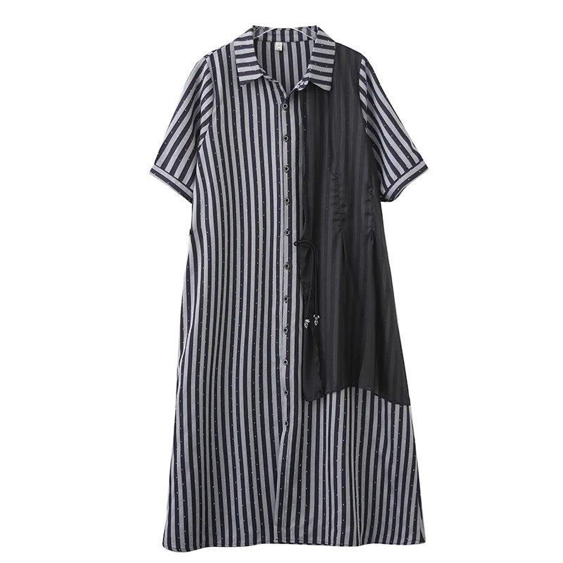 XITAO Irregular Contrast Color Dress Patchwork Striped Short Sleeve Turn-down Collar Temperament Summer Woman Dress ZMY1277