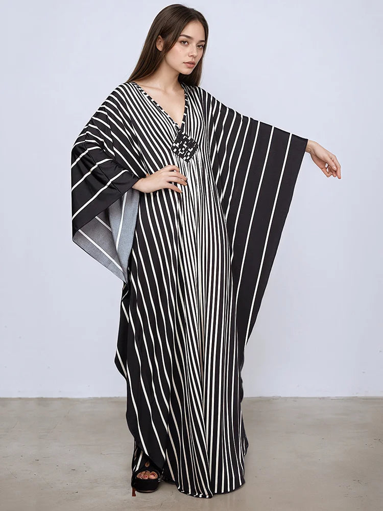 XITAO Stripe Print V-neck Dress Batwing Sleeve A-line Full Sleeve Personality Pullover Fashion Goddess Summer Women Dress GJ1151