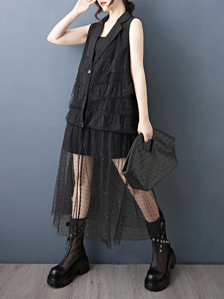 XITAO Gauze Patchwork Sequin Dress Sleeveless V-neck Loose Casual Single Breasted Solid Color Mesh Summer Woman Dress ZMY1320