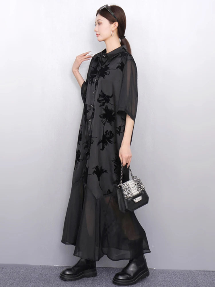 XITAO Patchwork Print Dress Gauze Loose Half Sleeve Elegant Single Breasted Temperament Vintage Summer Woman Dress ZMY1282
