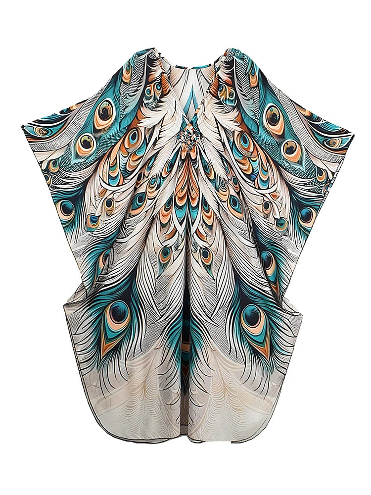 XITAO A-line Pullover Vintage Dress Peacock Print Side Slit Slimming New Arrival V-neck Casual Summer Woman Loose Dress GJ1183