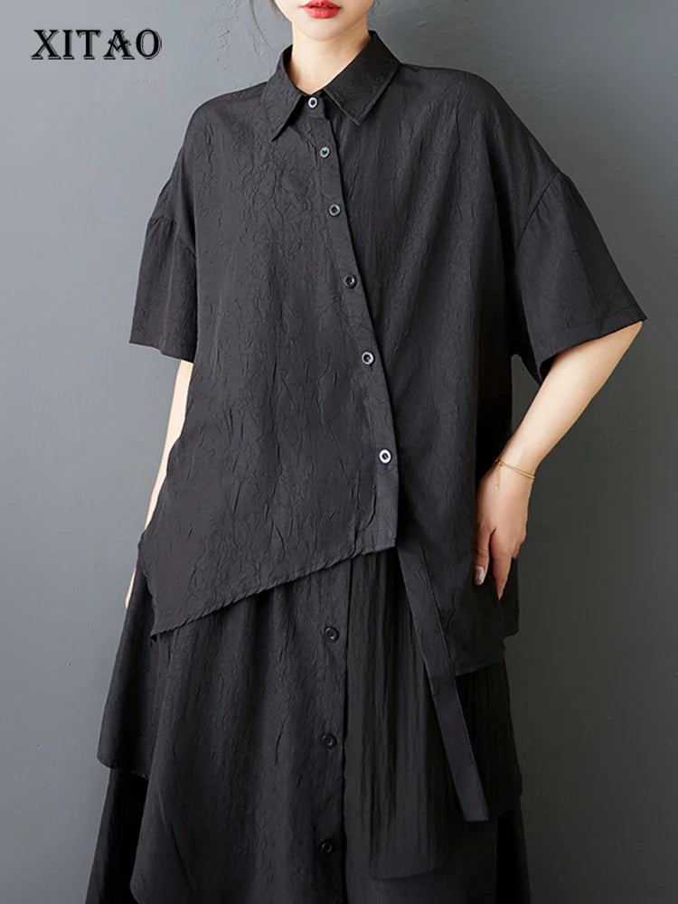 XITAO Irregular Short Sleeve Casual Blouse Turn-down Collar Loose Single Breasted All Match Fashion Summer Woman Shirts ZMY1220