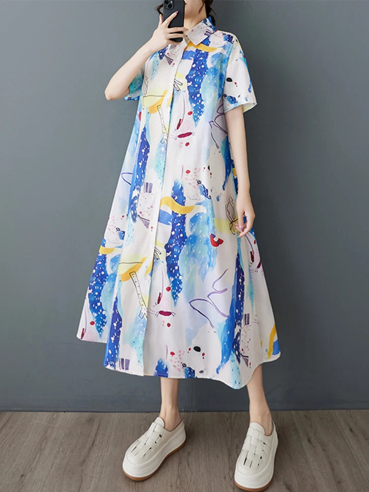 XITAO Print Single Breasted Turn-down Collar Dress Casual Loose Fitting A-line Short Sleeve Slimming Summer Women Dress ZMY1135