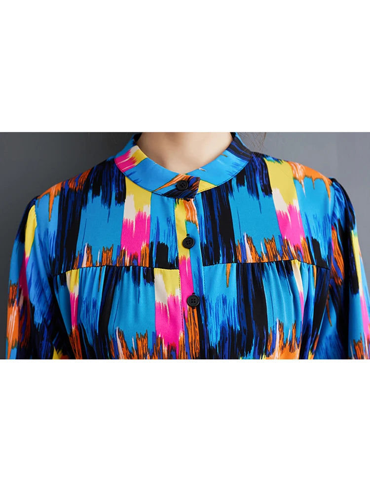 XITAO Vintage Loose Print Dress Casual All-match Contrast Color Women Spring New Trend Long Sleeve Stand Collar Dress DMJ4069