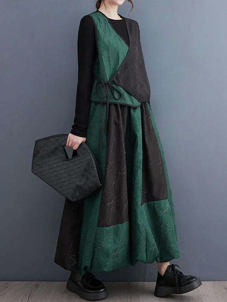 XITAO Vintage Dress Sets Sleeveless Lace-up Top Skirt Two Piece Sets Women Fashion Asymmetrical Contrast Color Patchwork DMJ3108