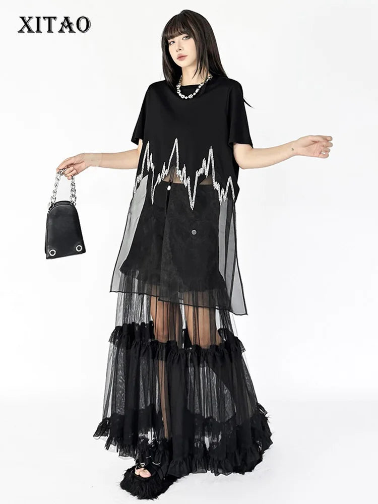 XITAO Patchwork Sequin Loose Dress Side Slit O-neck Short Sleeve Personality Perspective New Arrival Summer Woman Dress ZMY1324