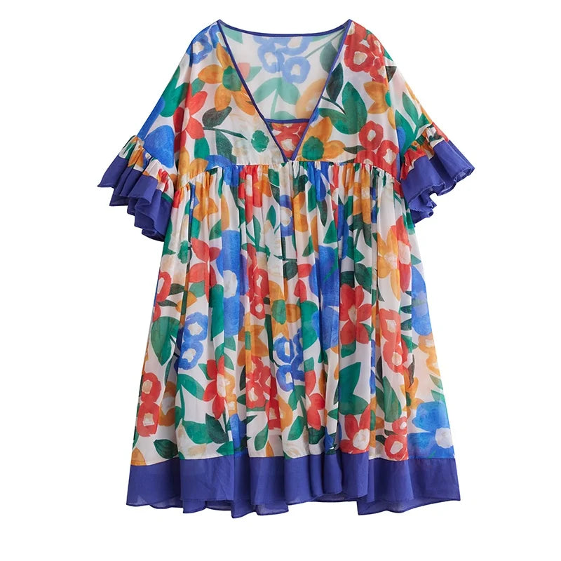 XITAO V-neck Print Patchwork Dress Edible Tree Fungus Slimming Elegant Small Fresh Loose Pleated Summer Woman Dress ZMY1256