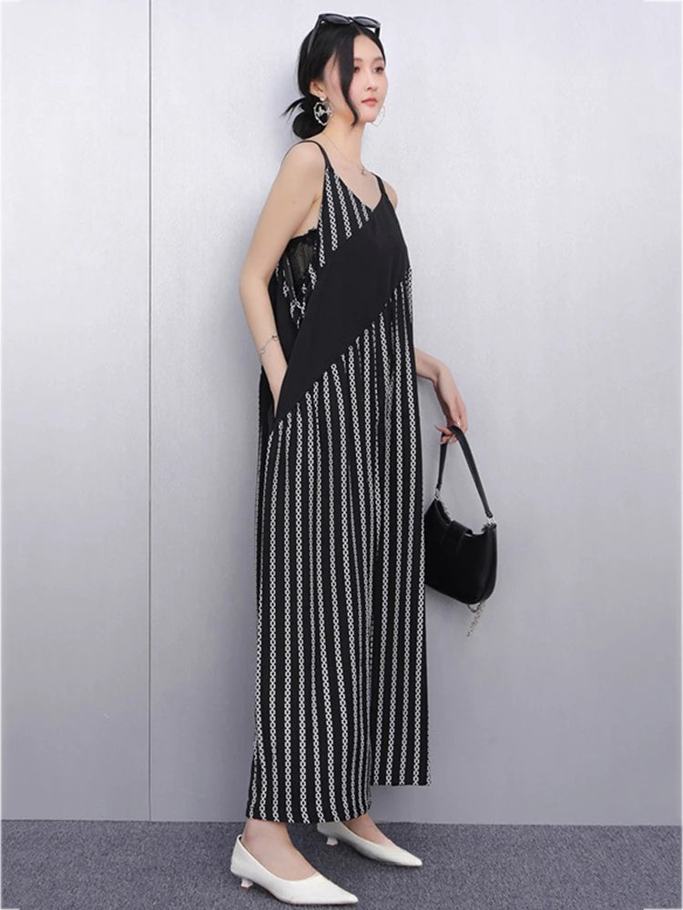 XITAO Patchwork Stripe Wide-leg Jumpsuit Casual Sleeveless New Rompers Loose Fitting Simple Spring Women Jumpsuit GYX1555