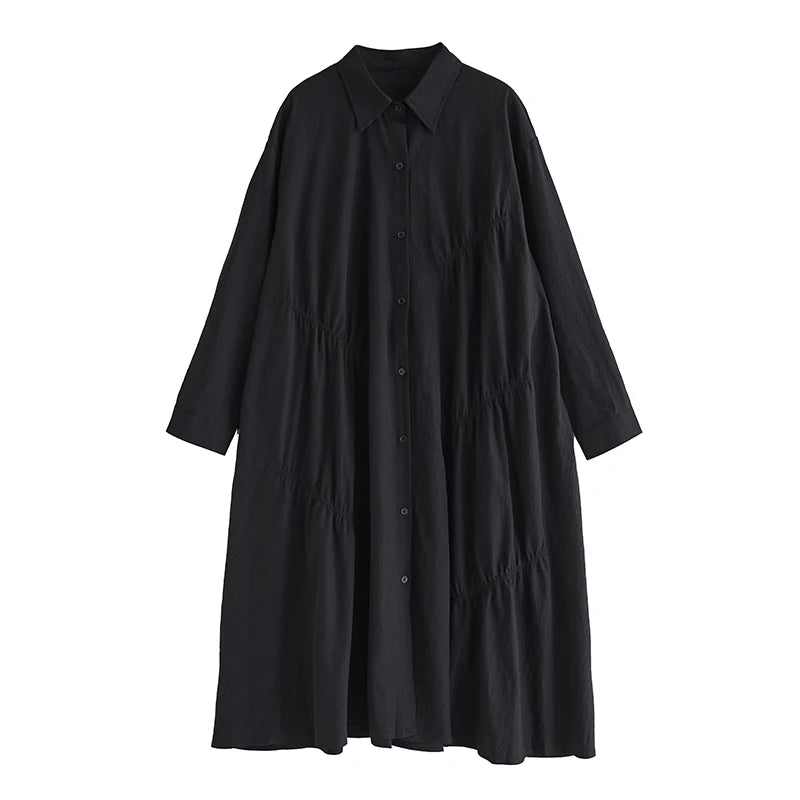 XITAO Pleated Single Breasted Lapel Dress Casual Turn-down Collar Full Sleeve A-line Solid Color Spring Women Dress GYX1542