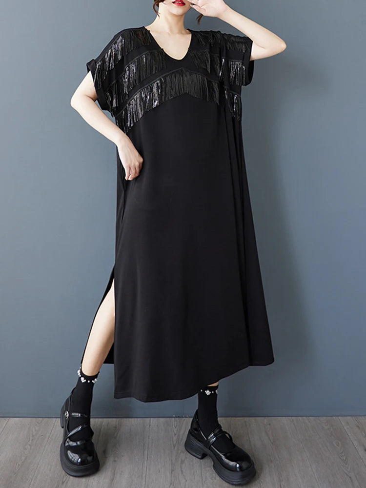 XITAO Tassel Patchwork V-neck Pullover Dress Solid Color Short Sleeve Pocket Side Split Temperament Slimming Women Dress ZMY1350
