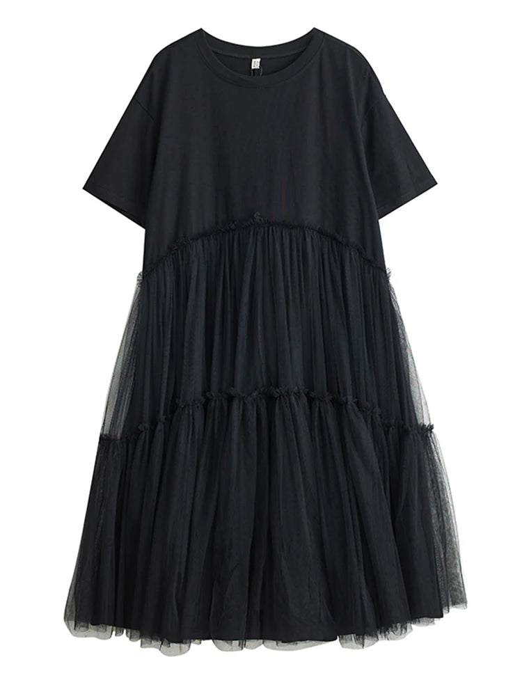 XITAO Gauze Patchwork Pocket Pullover Dress O-neck Short Sleeve Solid Color Loose Temperament Slim Casual All Match Dress ZMY1168