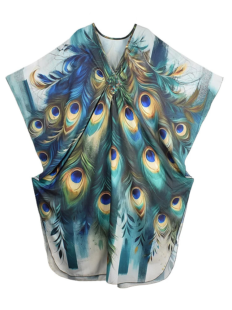 XITAO Peacock Print Vintage Dress Pullover V-neck Bat Wing Sleeve Temperament Slim Summer Woman Loose Casual Dress GJ1152