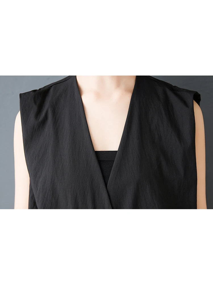 XITAO Solid Color Sleeveless Vintage Dress V-neck Irregular Single Breasted Loose Casual New Arrival Summer Woman Dress ZMY1384