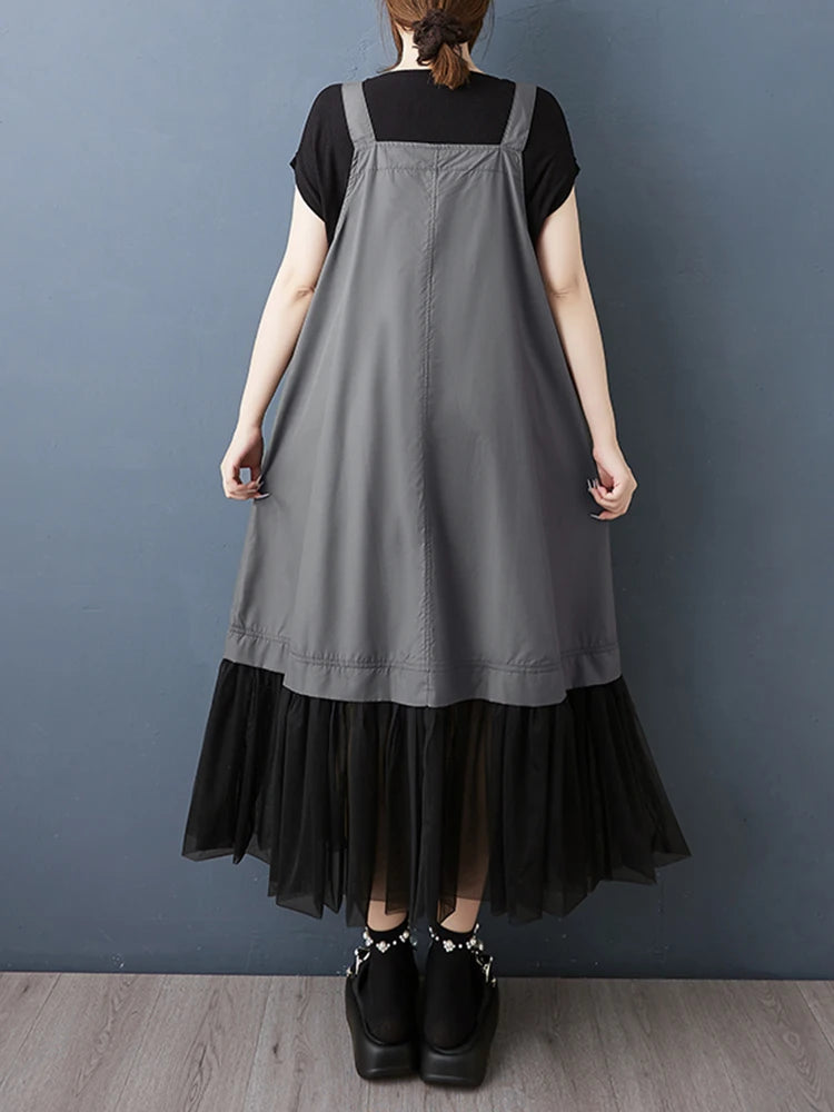 XITAO Gauze Patchwork Pocket Dress Solid Color Square Collar Sleeveless Loose Casual Slimming Summer Woman Straps Dress ZMY1313