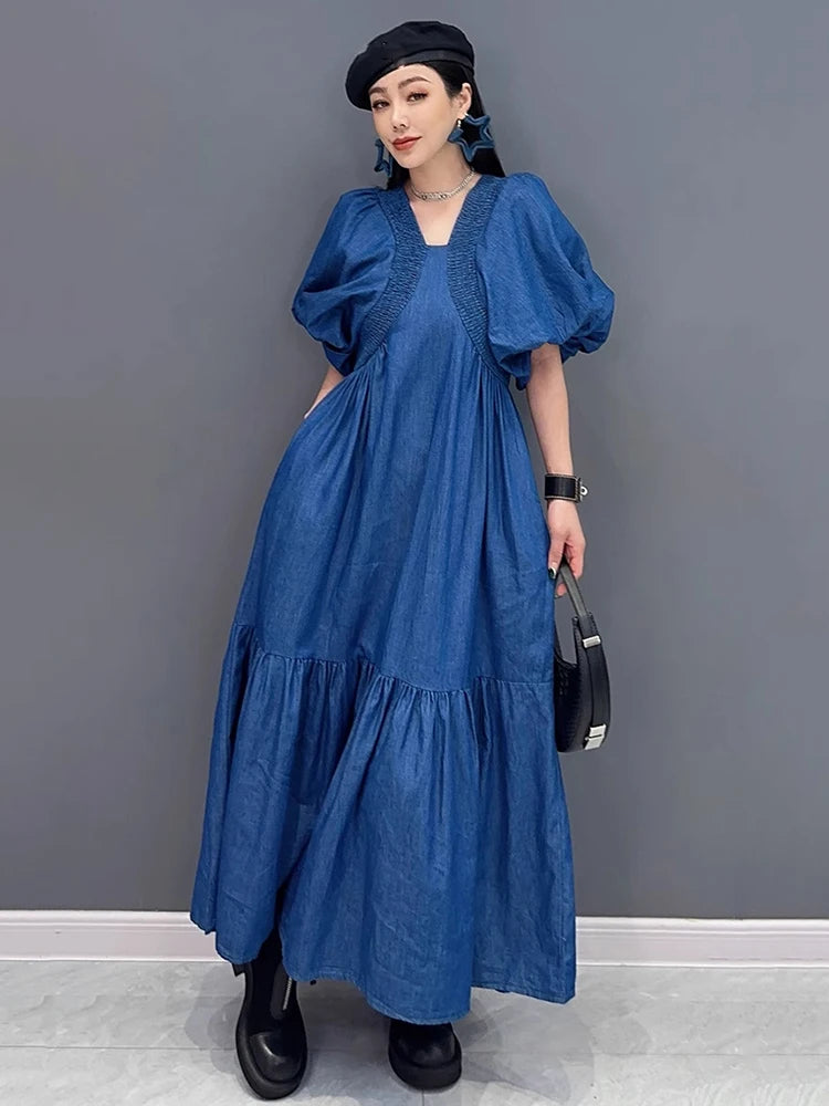 XITAO Pleated Patchwork Loose Denim Dress Puff Sleeve Solid Color Casual Vintage Personality Elegant Summer Woman Dress ZMY1278