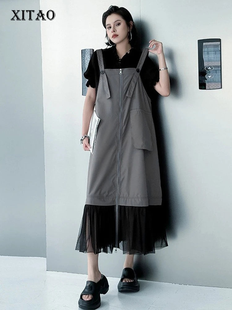 XITAO Pocket Patchwork Gauze Dress Zipper Solid Color Temperament Sleeveless Slimming Summer Woman Loose Casual Dress ZMY1335