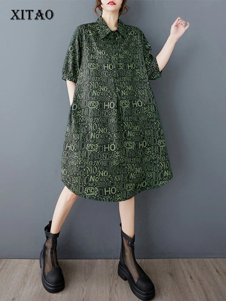 XITAO Letter Print Pocket Patchwork Dress Short Sleeve Turn-down Collar Single Breasted Pullover Loose Slim Shirt Dress ZMY1151
