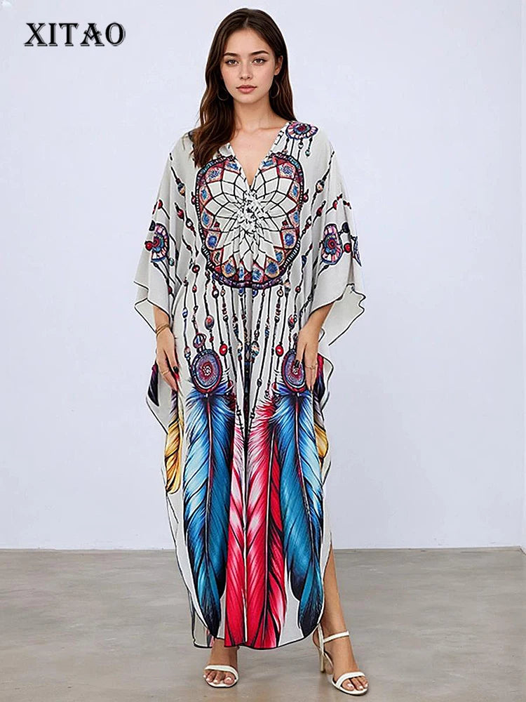 XITAO Print Bat Wing Sleeve Casual Dress Vintage Temperament New Arrival All-match Pullover V-neck Summer Woman Dress GJ1162