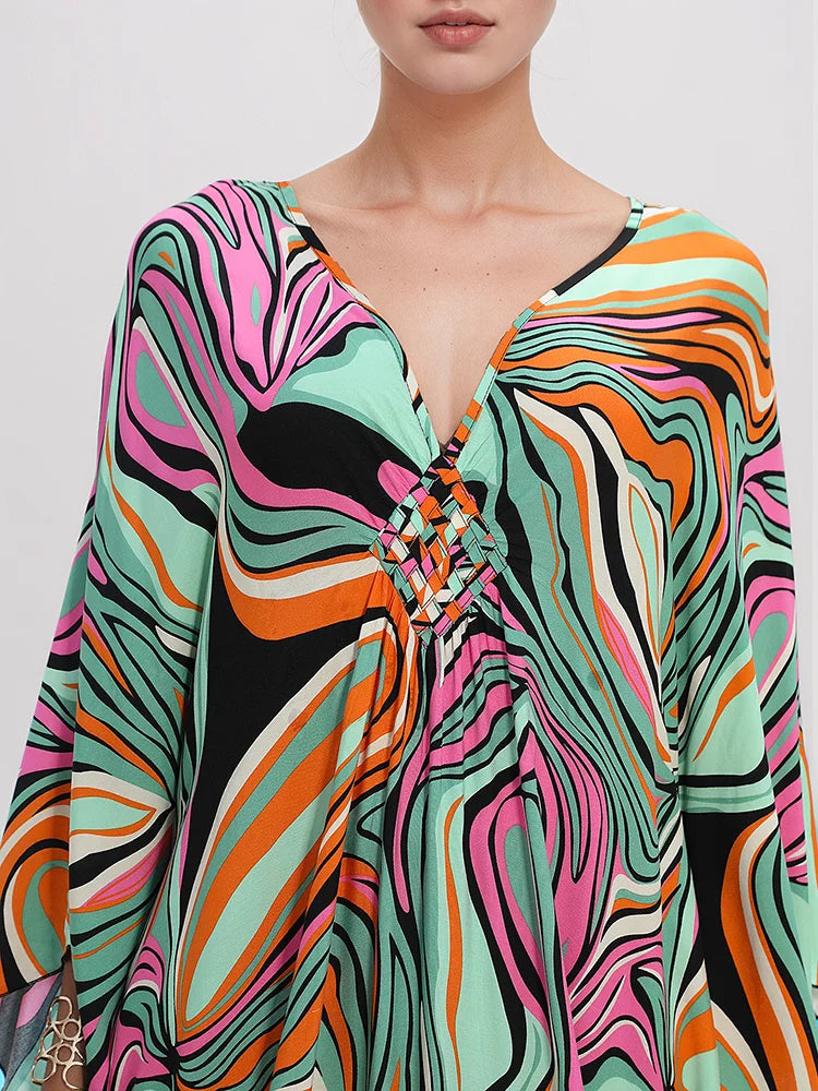 XITAO Vintage Print Contrast Color Dress V-neck Bat Wing Sleeve Loose Slimming Temperament Fashion Summer Woman Dress GJ1196