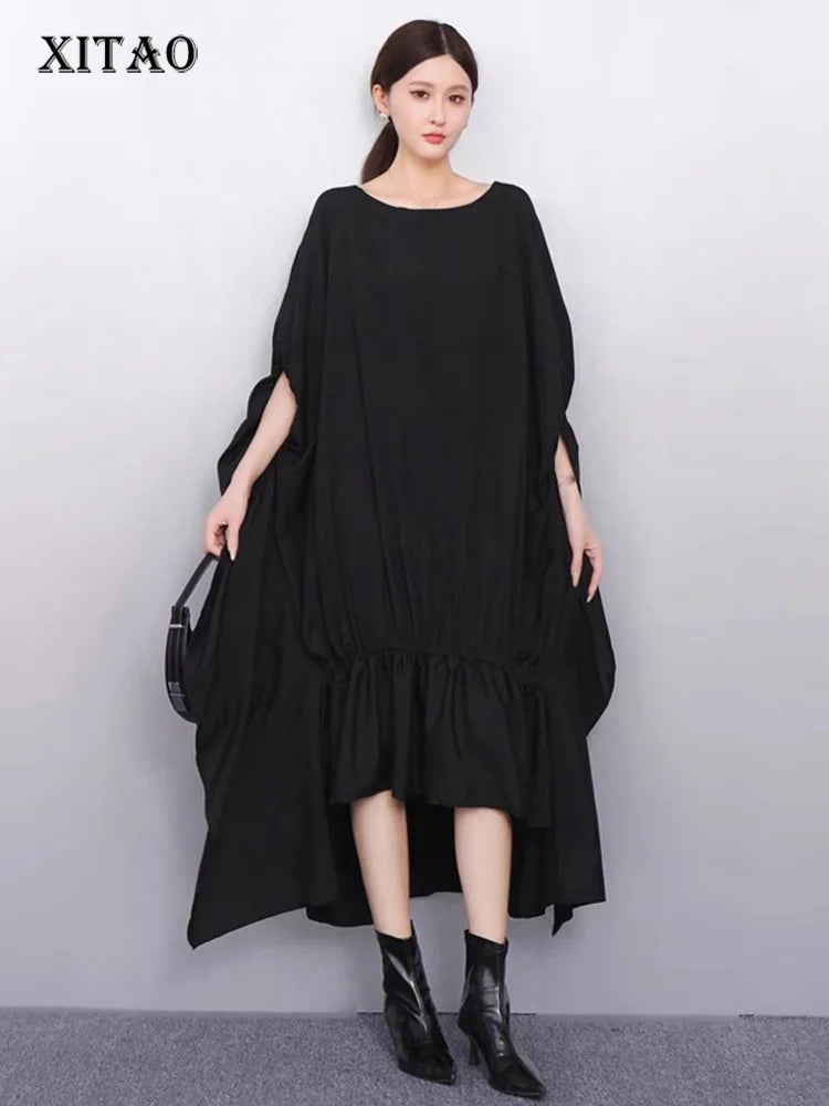 XITAO Solid Color Irregular O-neck Dress Slimming Bat Wing Sleeve Pullover Temperament Summer Woman New Arrival Dress ZMY1347