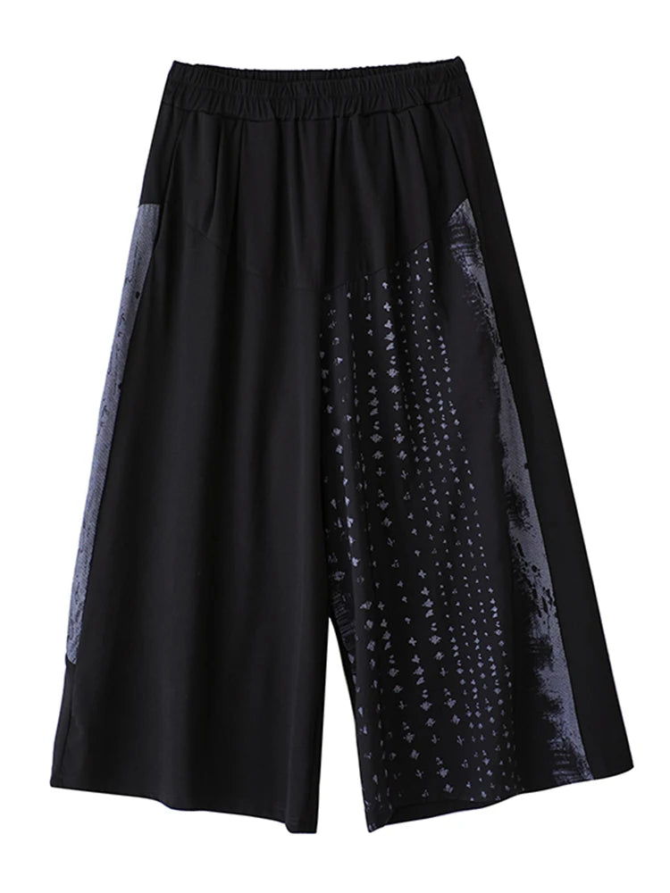 XITAO Print Patchwork Pocket Elastic Waist Pants Contrast Color Loose All Match Casual Slimming Summer Wide Leg Pants HQQ2482