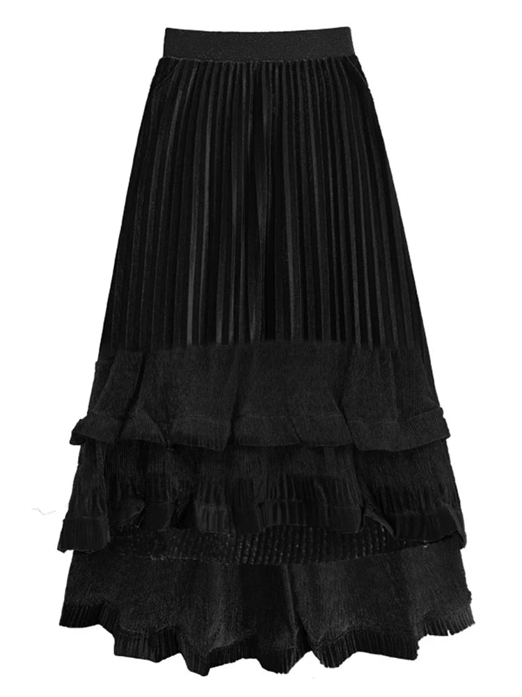 XITAO Asymmetrical Fold Patchwork Skirts Elastic Waist Solid Color A-line Loose Vintage Slimming Temperament Skirt GYX1517