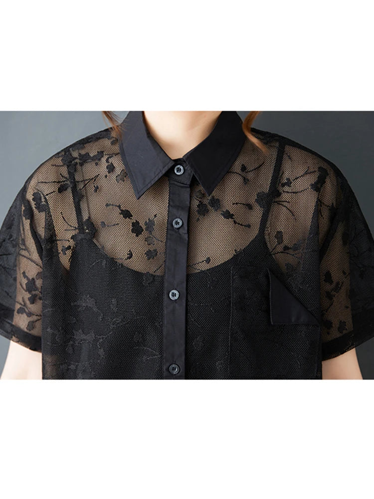 XITAO Asymmetrical Turn-down Collar Dress Single Breasted Solid Color A-line Patchwork Mesh New Summer Women Dress ZMY1360