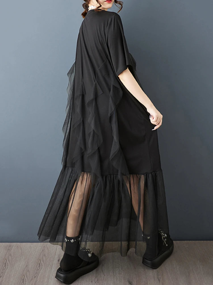 XITAO Gauze Patchwork Asymmetrical Dress Solid Color Pullover O-neck Short Sleeve A-line Slimming All Match Casual Dress ZMY1355