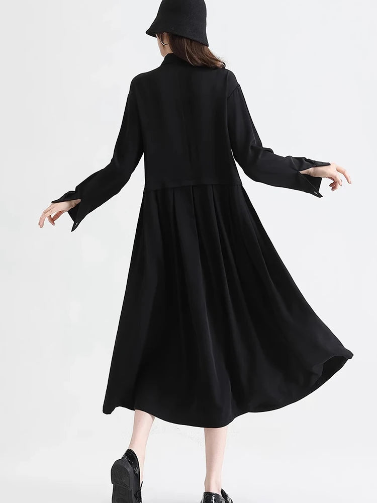 XITAO Bandage Patchwork Solid Color Folds Dress Long Sleeve Single Breasted Loose Slimming Temperament A-line Dress HQQ2502