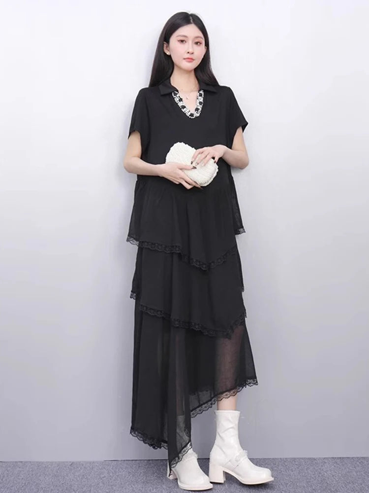 XITAO Irregular Patchwork Short Sleeve Dress V-neck Casual Loose Fitting A-line Elegant Comfortable Pullover Women Dress ZMY1340