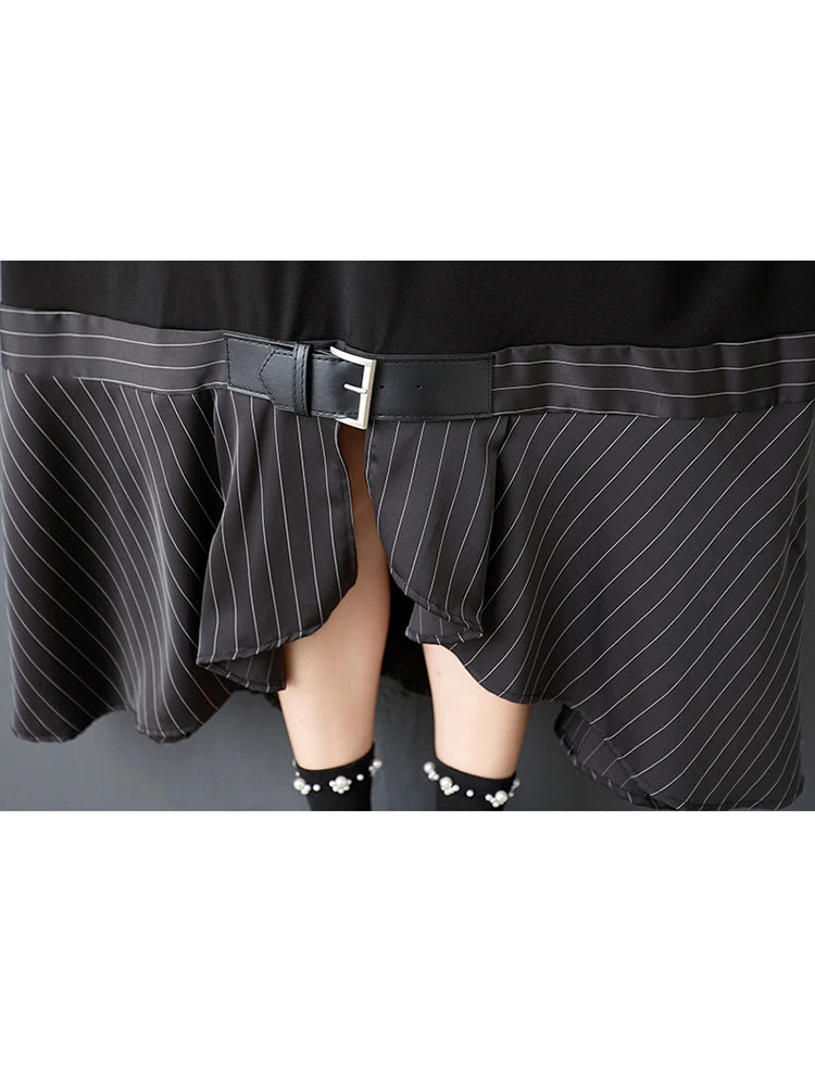 XITAO Striped Contrast Color Asymmetrical Dress V-neck Short Sleeve Patchwork Split Pullover Bandage Casual Female Dress ZMY1288
